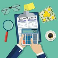 contador con reporte y un calculadora cheques dinero balance. financiero informes declaración y documentos. contabilidad, teneduría de libros, auditoría débito y crédito calculos vector ilustración en plano estilo