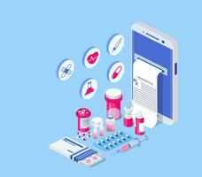 Healthcare, pharmacy and medical concept. Online phone with pills, capsules blisters, glass bottles, plastic tubes. Web banner landing page. 3d isometric design. Vector illustration in flat style