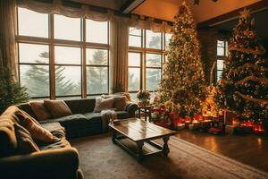 Cosy living room with beautiful christmas tree and red gifts in modern interior. Interior of living room decorated for merry christmas with socks, gift boxes and christmas accessories by AI Generated photo