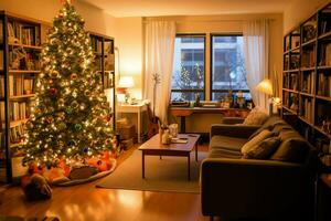 Cosy living room with beautiful christmas tree and red gifts in modern interior. Interior of living room decorated for merry christmas with socks, gift boxes and christmas accessories by AI Generated photo