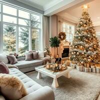 Cosy living room with beautiful christmas tree and red gifts in modern interior. Interior of living room decorated for merry christmas with socks, gift boxes and christmas accessories by AI Generated photo