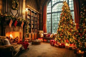 Cosy living room with beautiful christmas tree and red gifts in modern interior. Interior of living room decorated for merry christmas with socks, gift boxes and christmas accessories by AI Generated photo