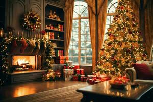 Cosy living room with beautiful christmas tree and red gifts in modern interior. Interior of living room decorated for merry christmas with socks, gift boxes and christmas accessories by AI Generated photo