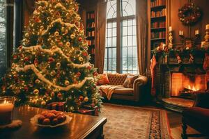 Cosy living room with beautiful christmas tree and red gifts in modern interior. Interior of living room decorated for merry christmas with socks, gift boxes and christmas accessories by AI Generated photo