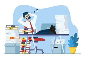 Business man is sleeping at his workplace desk during working hours with the piles of paper document around. Procrastinating and wasting time concept. Vector illustration in flat style