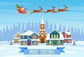 A house in a snowy Christmas landscape. Santa Claus on a sleigh. concept for greeting or postal card. Merry christmas holiday. New year and xmas celebration vector