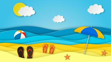 mar paisaje con playa, ondas, nubes, chancletas zapato. papel cortar fuera digital arte estilo. resumen azul mar y playa verano antecedentes con papel olas y litoral. vector ilustración