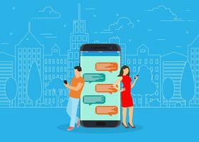 happy people use mobile smartphonefor chatting in social media, for, landing page, template, ui, web, mobile app, poster, banner, flyer. Vector illustration in flat style