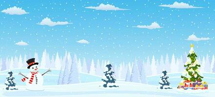 Navidad paisaje antecedentes con Navidad árbol con caja de gif y muñeco de nieve. alegre Navidad día festivo. nuevo año y Navidad celebracion. vector ilustración en plano estilo