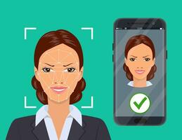 Face recognition , biometric security system concept. Face ID, mobile app. Phone with biometric identification woman face on the screen. Vector illustration in flat style