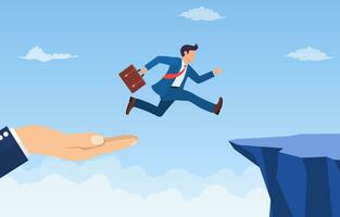 hand helping businessman jump through the gap in the rocks. an employee with a running jump from one cliff to another. the concept of business risk and success.Vector illustration in flat style. vector