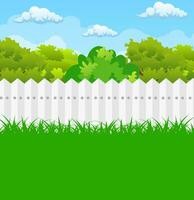 summer garden with bushes and tree. Summer and spring nature landscape with forest and fence. Vector illustration in flat style