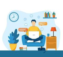 man with laptop sitting on the chair. Freelance or studying concept. web page design template for online education, training and courses, learning, video tutorials. Vector illustration in flat style