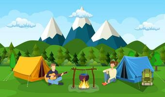 Group of young people are sitting around campfire. Young tourists, campers cartoon characters. Man playing guitar. Vector illustration in flat style