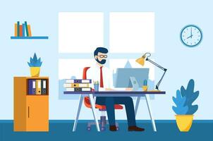 Businessman sitting at desk working on computer in office. Office worker working paperwork. Computer on table. Vector illustration in flat style