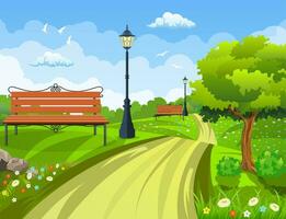 Bench with tree and lantern in the Park. Vector illustration in flat style
