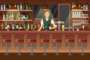 Bebiendo establecimiento. interior de pub, café o bar. bar mostrador con barman dama y vino botellas en el estantería detrás su. anteojos, televisor, lámpara. de madera decoración. vector ilustración en plano estilo