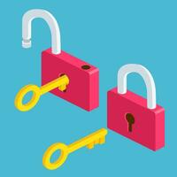 isometric Opened and closed lock icons isolated on blue background, yellow padlocks shapes witj key flat illustration concept for web banners, mobile app, web sites, printed materials, infographics vector