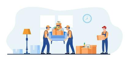 Concept moving house. Men in overalls taking boxes and furniture out of apartment. Moving with boxes to new home. Pile of stacked cardboard boxes. Vector illustration in flat style