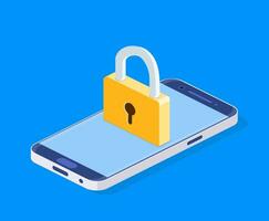 Concept security online network. isometric lock on screen phone. Mobile data security. Isometric internet security shield business concept. vector