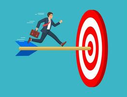 The businessman run to the bulls eye with the dart. Reach the target success. Concept business. Vector illustration in flat style