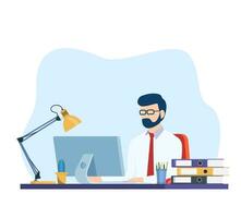 Businessman sitting at desk working on computer in office. Office worker working paperwork. Computer on table. Vector illustration in flat style