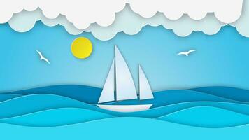 Sailboat in the sea. Sun, clouds. Paper cut illustration for advertising, travel, tourism, cruises, travel agency Vector illustration