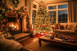 Cosy living room with beautiful christmas tree and red gifts in modern interior. Interior of living room decorated for merry christmas with socks, gift boxes and christmas accessories by AI Generated photo