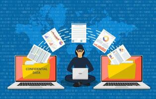 Data phishing, hacker attack.Thief hacker in mask stealing personal information from laptop. Concept hacking. Vector illustration in flat style