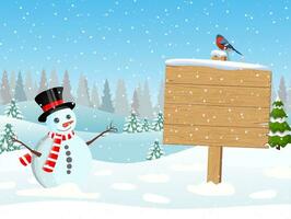 christmas snowman with wooden sign and pine trees vector