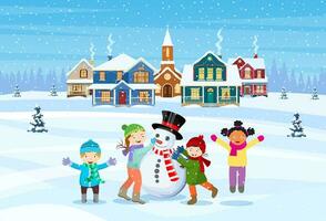 happy new year and merry Christmas greeting card. Christmas landscape.Children building snowman. Winter holidays. Vector illustration in flat style