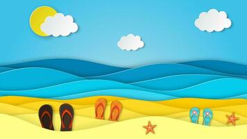 mar paisaje con playa, ondas, nubes, chancletas zapato. papel cortar fuera digital arte estilo. resumen azul mar y playa verano antecedentes con papel olas y litoral. vector ilustración