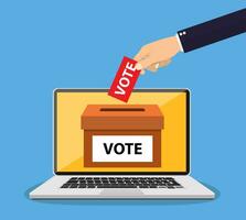 Hand putting voting paper in the ballot box on a laptop screen. Voting online concept. Vector illustration in flat style