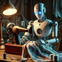 AI generated Humanoid robot sews on a retro sewing machine photo