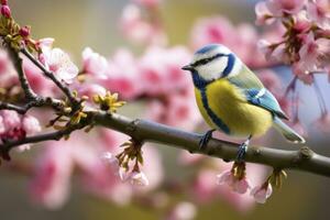 ai generado un bluetit pájaro descansando en el rama de un árbol. ai generado. foto