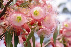 AI generated Beautiful Gum tree pink flowers and buds. AI Generated photo