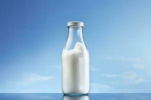 AI generated A glass bottle with full milk on blue background. AI Generated photo