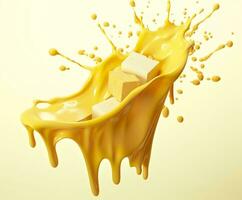 AI generated Cheese sauce splashing in the air with cheddar cheese, 3d rendering. Generative AI photo