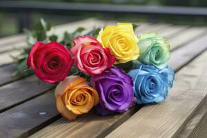 AI generated Bunch of multi colored roses on wooden planks, happy birthday lying on planks. AI Generated photo