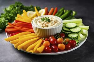 AI generated Crop shot of plate with colorful healthy sliced vegetables. AI Generated photo