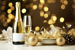 AI generated Christmas table setting with holiday decorations in gold color. AI Generated photo