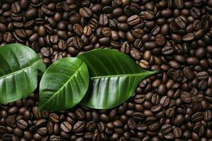 AI generated Green leaves with coffee beans as background. AI Generated photo