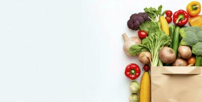 ai generado sano comida en papel bolso vegetales y frutas en blanco antecedentes. ai generado foto