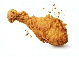 AI generated Fried chicken leg falling in the air isolated on a white background. AI Generated. photo