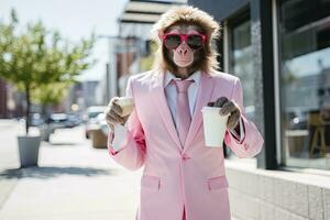 ai generado un mono es vistiendo Gafas de sol, traje y en pie en calle. ai generado foto