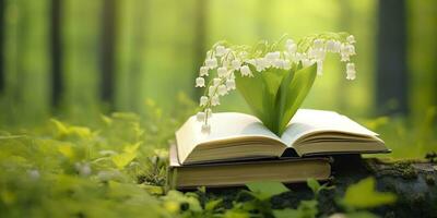 AI generated Lily of the Valley flowers and old books in the forest, green natural background. AI Generated photo