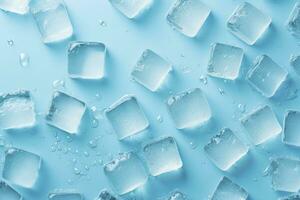 AI generated Cubes of ice and drops are isolated on the blue background with empty space. AI Generated photo