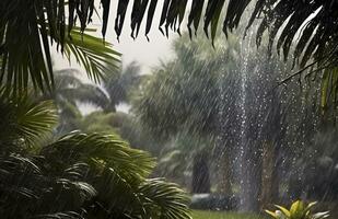 ai generado lluvia en el zona tropical durante el bajo temporada o monzón estación. gotas de lluvia en un jardín. generativo ai foto