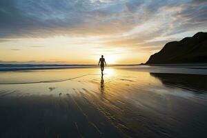 ai generado un persona caminando en el playa a puesta de sol. ai generado. foto