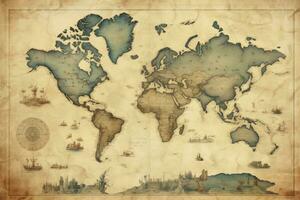 AI generated Great detailed illustration of the world map in vintage style. AI Generated photo